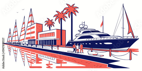 A large yacht is docked in a marina with palm trees Vector