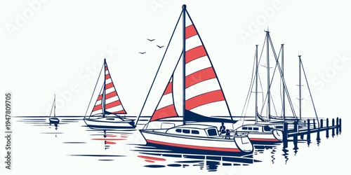A sailboat with red and white striped sails on the water Vector