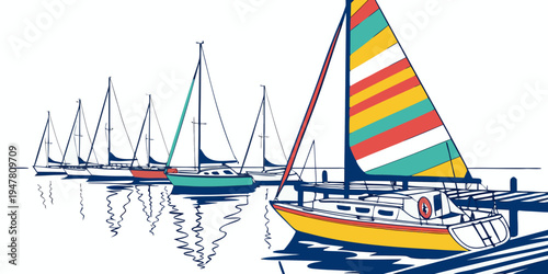 A colorful sailboat in the water with other boats Vector