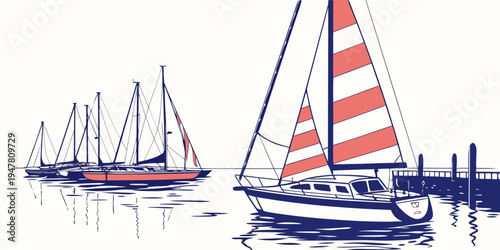 A sailboat with red and white striped sail on the water Vector