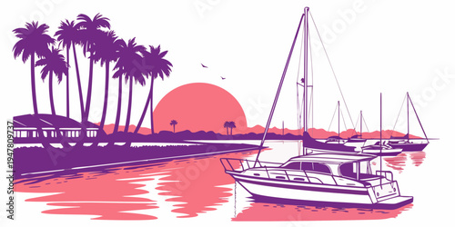 A serene marina scene with boats and palm trees Vector