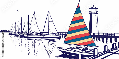 A sailboat with a striped sail near a lighthouse Vector