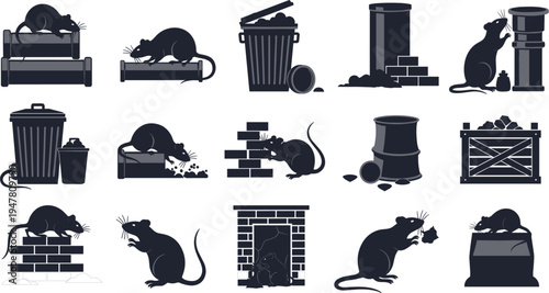 Collection of fifteen black and white rat illustrations in urban and domestic settings for pest control and wildlife vector design projects