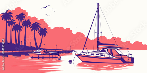 A sailboat floats on calm waters near a tropical shore Vector