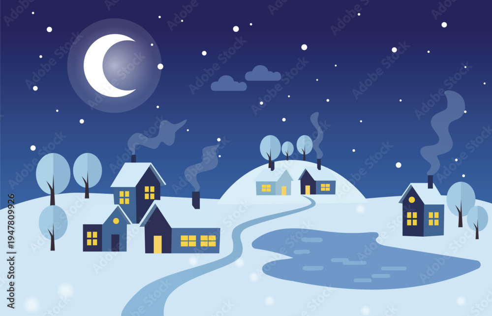 Fototapeta premium Cozy winter village at night with snow covered houses, frozen pond and crescent moon in flat design style.