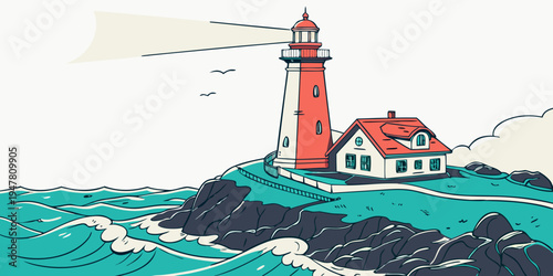 A red and white lighthouse on a rocky coastline Vector
