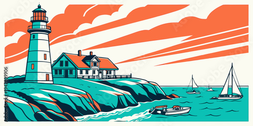 A lighthouse on a rocky coastline with boats in the water Vector