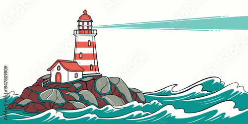 A red and white lighthouse on a rocky island Vector
