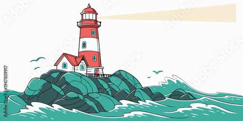 A red and white lighthouse on a rocky outcrop Vector