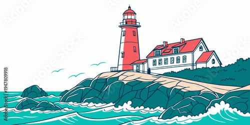A red and white lighthouse on a rocky coastline Vector