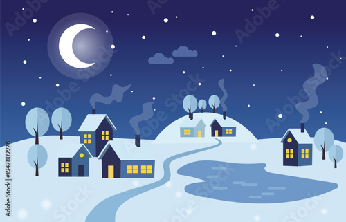 Cozy winter village at night with snow covered houses, frozen pond and crescent moon in flat design style.