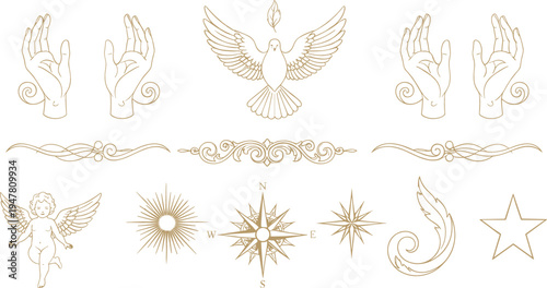 Sacred mystical line art symbols set with dove hands cherub compass sun stars and ornamental flourishes elegant spiritual vector collection