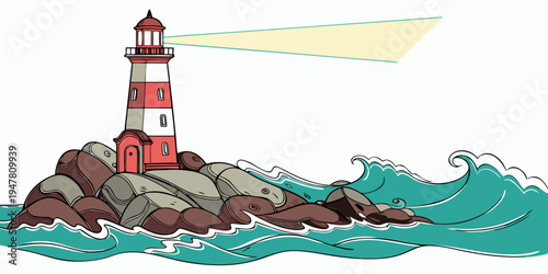 A red and white lighthouse on a rocky island Vector