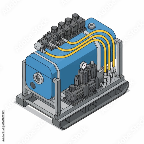Isometric illustration of a blue industrial machine with yellow pipes and black components.