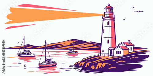 A lighthouse on a rocky coastline with boats Vector