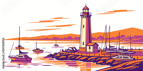 A lighthouse on a rocky coastline at sunset Vector