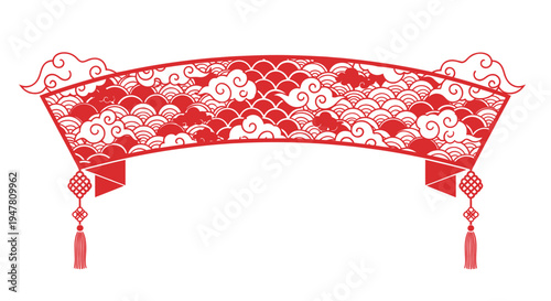 Traditional Chinese Red Banner with Clouds and Waves Pattern