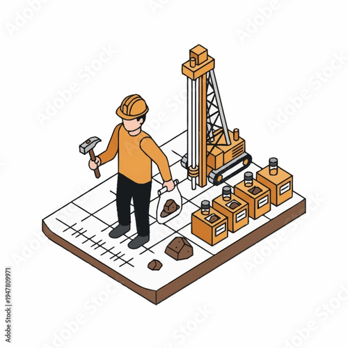 Isometric illustration of a geologist with drilling equipment and rock samples.