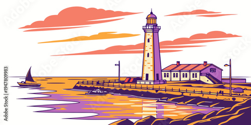A lighthouse on a rocky coastline at sunset Vector