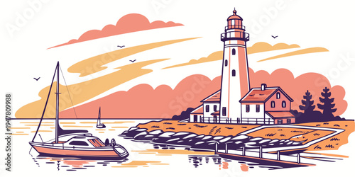 A lighthouse on a rocky shore with a boat Vector