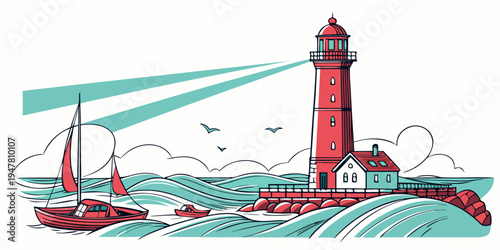 A red lighthouse on a rocky coastline with a sailboat Vector