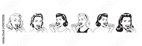 Retro comic style women eating pizza slices with excited facial expressions