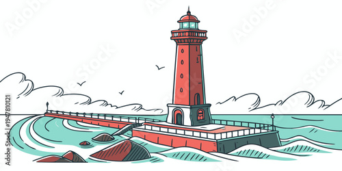 A red lighthouse on a rocky coastline Vector