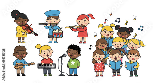 Diverse Children's Music Class: Playing Instruments and Singing Together