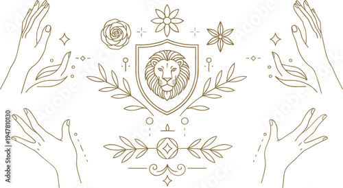 Mystical sacred line art composition with lion head hands botanical elements stars and spiritual symbols elegant boho vector illustration