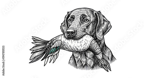 Hunting Dog with Duck in Mouth - Vintage Sketch Illustration
