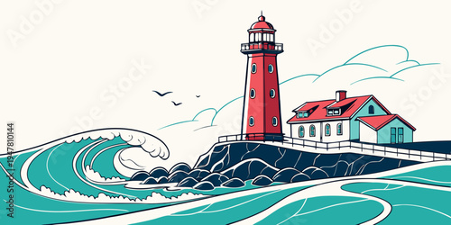 A red lighthouse on a rocky coastline with waves crashing Vector