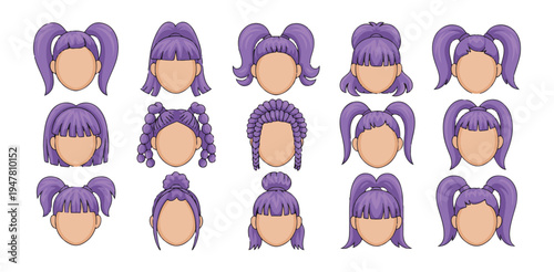 Collection of purple hair wig styles for young female avatars front view