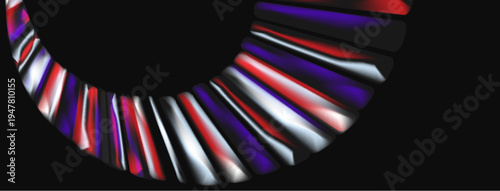 Abstract colorful lines form curved shape. Dark background emphasizes vibrant hues, creating modern visual impact.