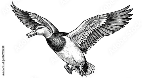 Mallard Duck Flying Open Wings Isolated White Background Hand Drawn Sketch