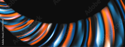 Abstract fluid shapes, orange, blue tones. Dynamic composition, smooth curves, dark background creates contrast. Modern digital art.