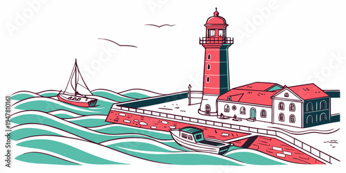 A red and white lighthouse on a rocky coastline Vector