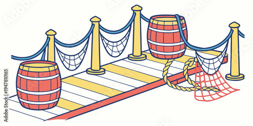 A cartoon pirate ship deck with barrels and fishing nets Vector