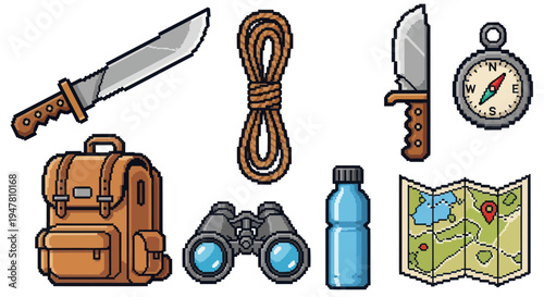 Pixel Art Adventure Gear: Backpack, Knife, Compass, Map, Binoculars, Rope, Water Bottle