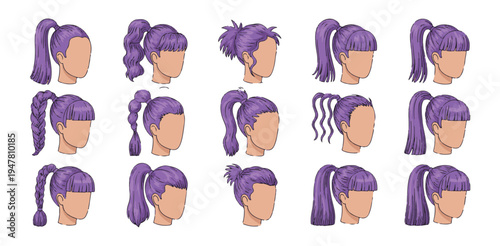 Various purple ponytail and braided hairstyle variations seen from side view
