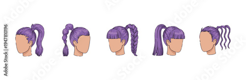 Set of purple ponytail and braided hairstyle options viewed from profile angle