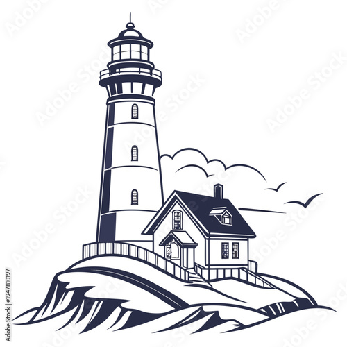 A black and white drawing of a lighthouse on a rocky shore Vector