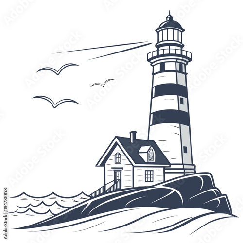 A black and white lighthouse on a rocky coastline Vector