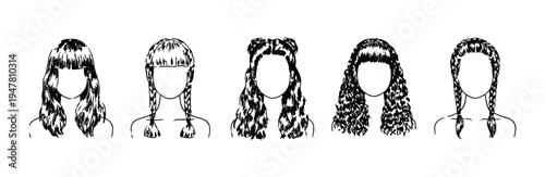 Set of ten diverse female hairstyles sketched in black and white ink style