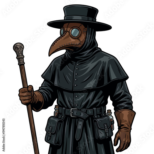 Medieval Plague Doctor Standing with Staff and Pouches. Black Death. Peste Negra