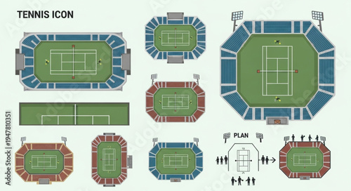 Tennis Court Illustrations - Top-Down Views of Various Stadium Designs.