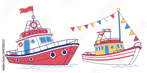 Two boats floating on water with colorful flags Vector