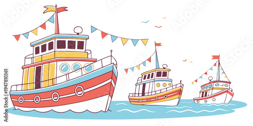 A colorful illustration of boats on water with flags Vector