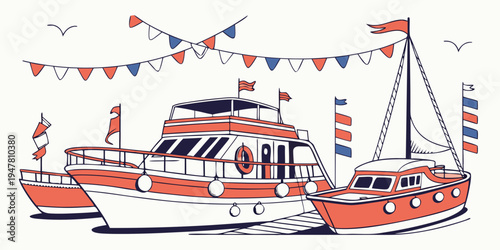 A red and white boat with a sail and flags Vector