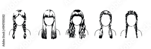 Set of ten diverse female hairstyles sketched in black and white ink style for beauty