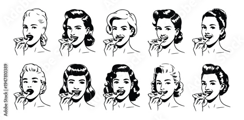 Retro pin up girls eating pizza slices with various vintage hairstyles illustrated